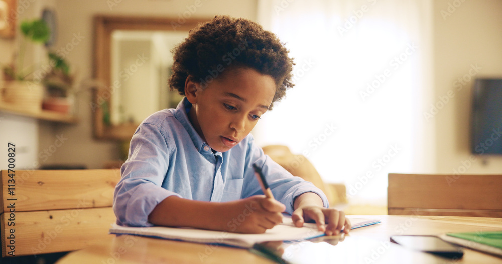 Poster writing, education and child with homework, home and boy with info, serious and studying for exam. d