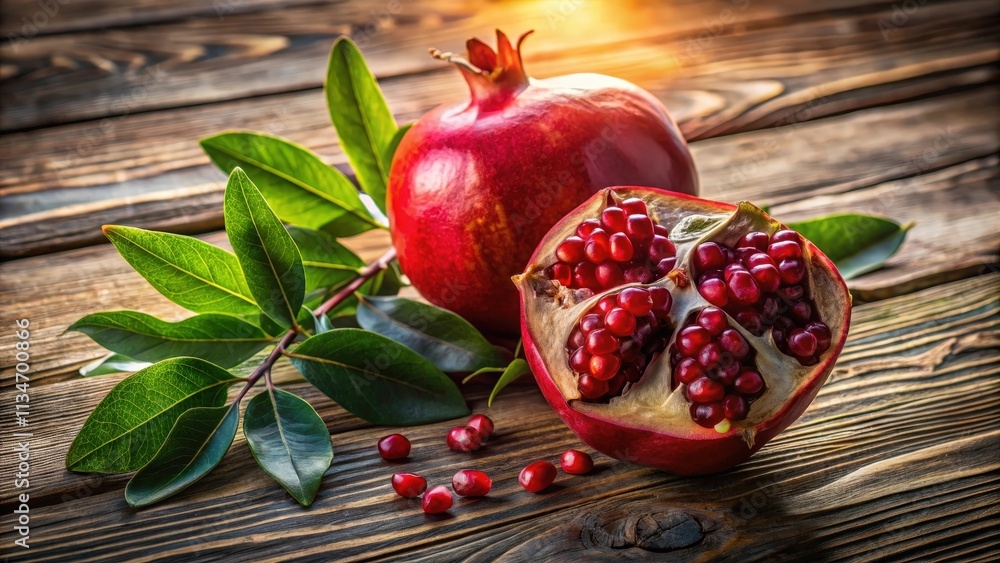 Poster a ripe pomegranate cut open on a wooden table with green leaves and seeds scattered around