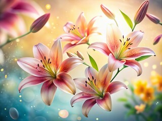 Fototapeta premium Beautiful Flying Lily Flowers and Petals Against a Light Background with Copy Space, Creative Floral Nature Spring Layout Featuring Levitation, Ideal for Spring Themes and Designs