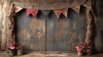 Rustic Wooden Background with Flowers & Bunting