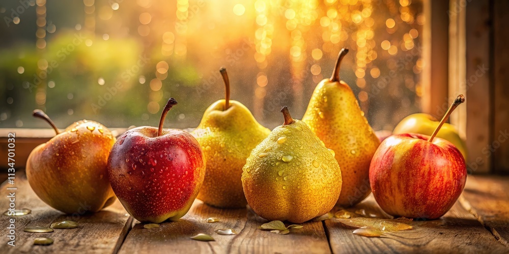 Aufkleber a group of freshly washed apples and pears sitting on a wooden tabletop with a warm, golden sunlight