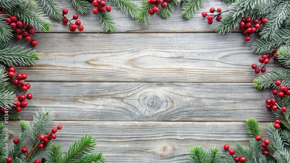 Poster rustic wood background with green pine branches and red berries for holiday crafting and design