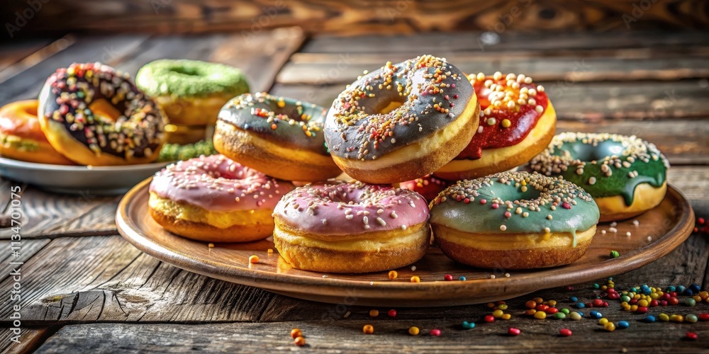 Poster a colorful assortment of glazed donuts with sprinkles, displayed on a wooden platter against a rusti