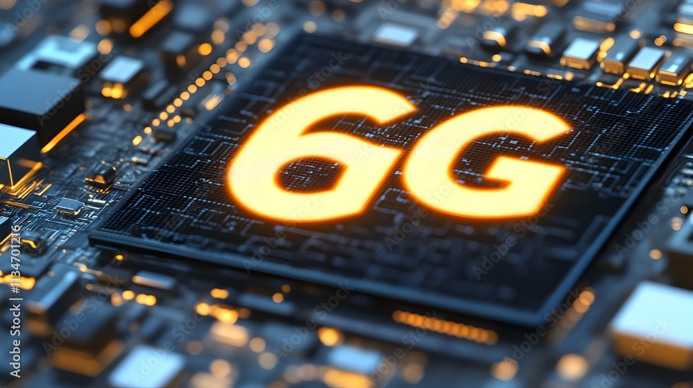 Poster close-up of a 6g processor chip on a circuit board.