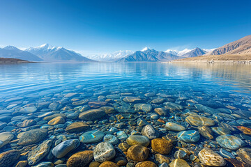Stunning views of Pangong Lake's azure waters meeting the horizon, surrounded by rocky mountains. The crisp, clear air enhances the breathtaking scenery.