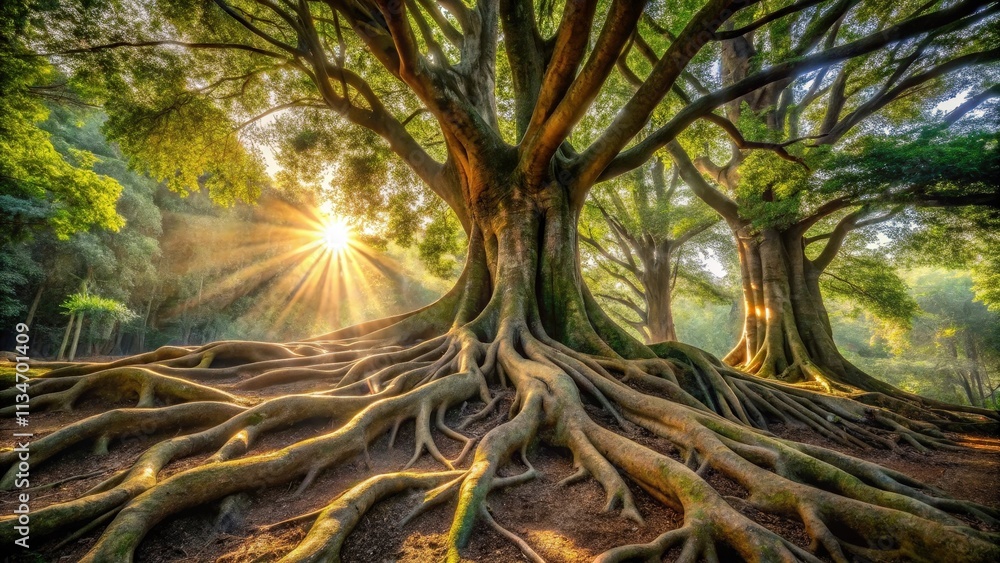 Poster Sunlight Filtering Through the Branches of a Majestic Tree, Illuminating the Intricate Network of Roots Reaching Deep into the Earth