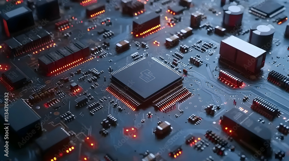 Poster close-up of a circuit board with a central processor featuring a security icon.