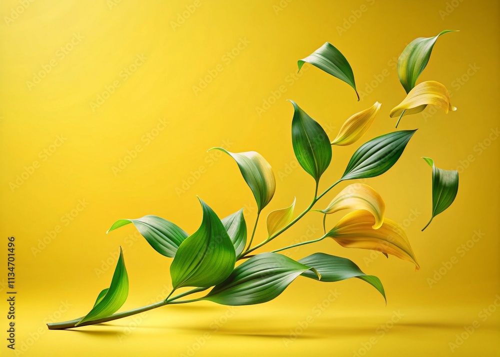 Poster beautiful lily leaves falling in the air on vibrant yellow background - high resolution image with c