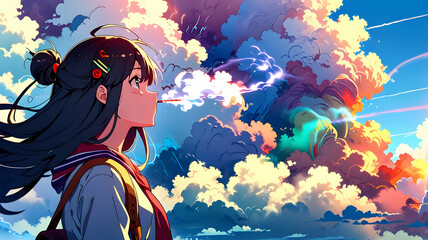 Anime Girl Gazing at a Vibrant, Colorful Sky Filled with Magical Clouds and Beams of Light