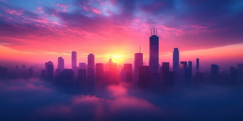 Fototapeta premium Foggy City Skyline with High-Rise Buildings and Construction Cranes in Soft Focus
