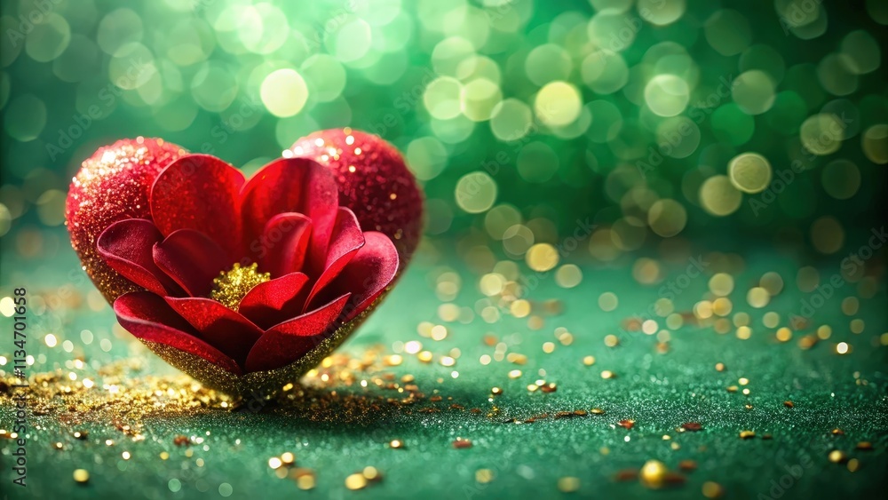 Poster A delicate red flower blooms within a sparkling heart, creating a whimsical and romantic scene on a backdrop of shimmering green glitter.