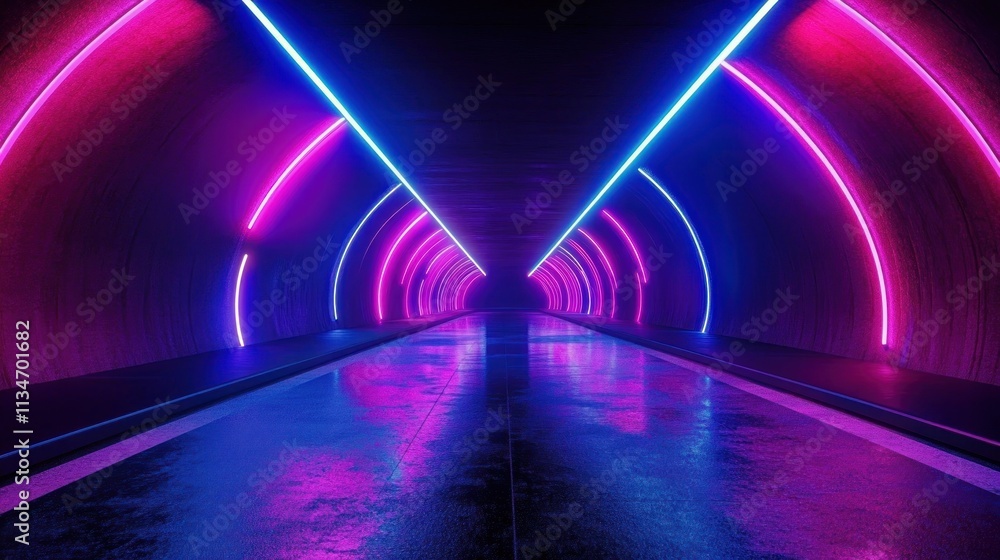 Poster futuristic neon tunnel with glowing lights and dynamic motion blur in cyberpunk style