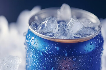 Close-up of a cold, blue can with condensation and ice.