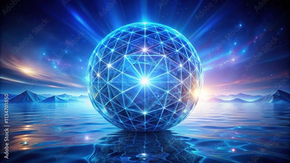 Fototapete a glowing sphere of connected lines and points rests on a calm ocean reflecting the surrounding moun