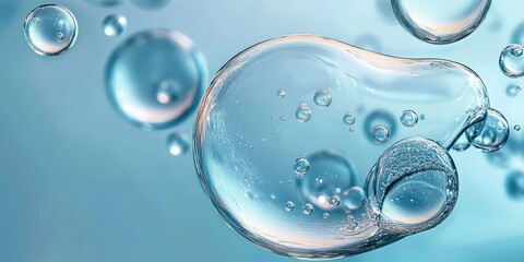 Hyaluronic Acid Gel with Bubbles in Light Blue Background Emphasizing Clear Hydration and Skincare