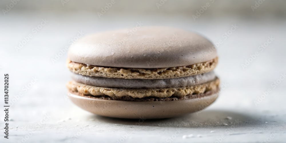 Poster close up of a single light brown macaron with a white filling on a white background