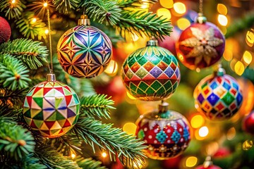 Obraz premium Beautifully decorated Christmas tree branch adorned with colorful geometric ornaments, showcasing a festive atmosphere perfect for holiday celebrations and seasonal decorations in a cozy setting.