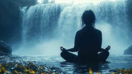 Obraz premium A person meditating by a waterfall, surrounded by nature's tranquility and mist.