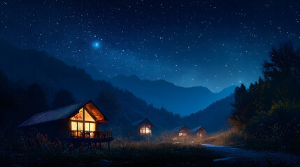 A campsite under a starry night sky, described as a five billion star hotel in the mountains.