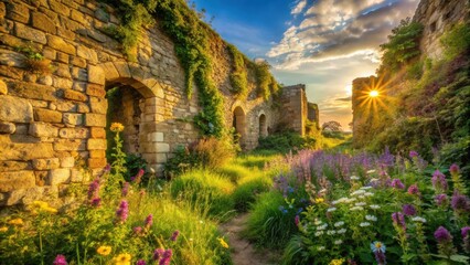 Fototapeta premium A stone wall with arched openings, overgrown with lush greenery, frames a scenic path leading into a meadow bursting with wildflowers, illuminated by the golden rays of a setting sun.