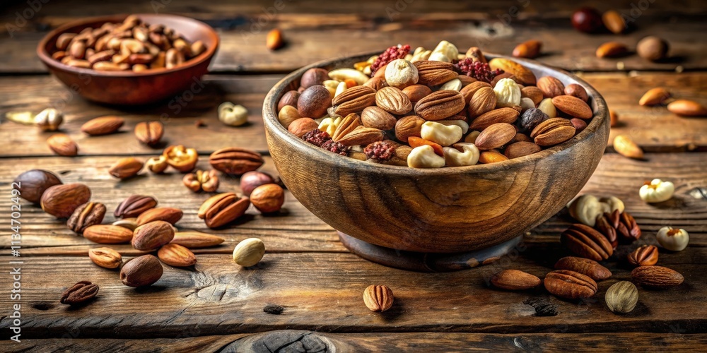 Poster a rustic wooden bowl overflowing with a variety of nuts, scattered on a weathered tabletop