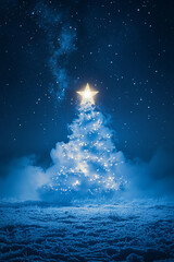 Christmas Tree Shaped Cloud with Glowing Star and Blue Lights. Surreal Winter Scene Under a Starry Night Sky