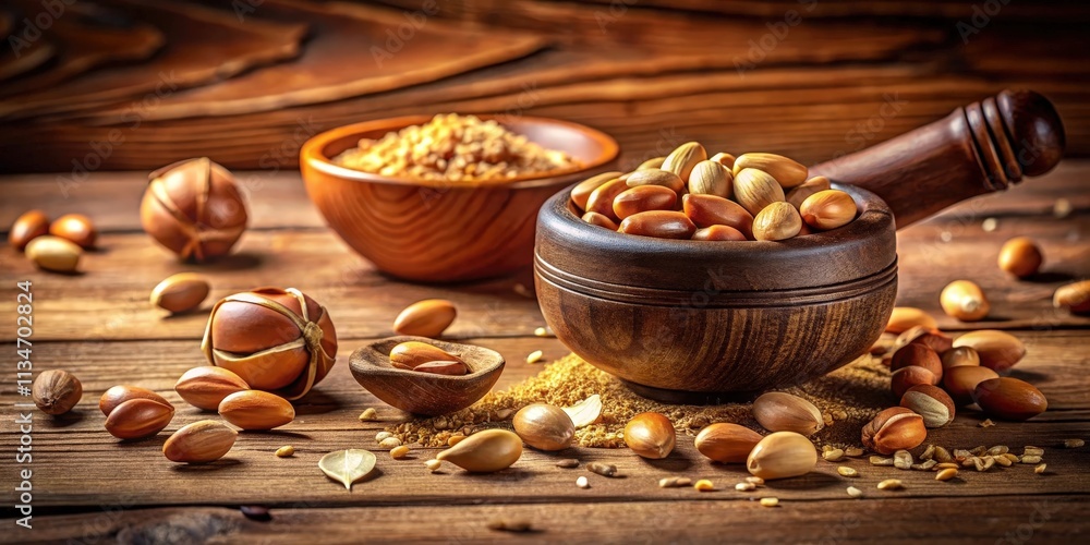 Poster A wooden mortar filled with argan nuts and kernels, surrounded by whole nuts and scattered kernels on a rustic wooden surface.