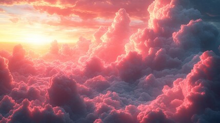 A serene sunset view over vibrant, fluffy clouds, creating a dreamy atmosphere.