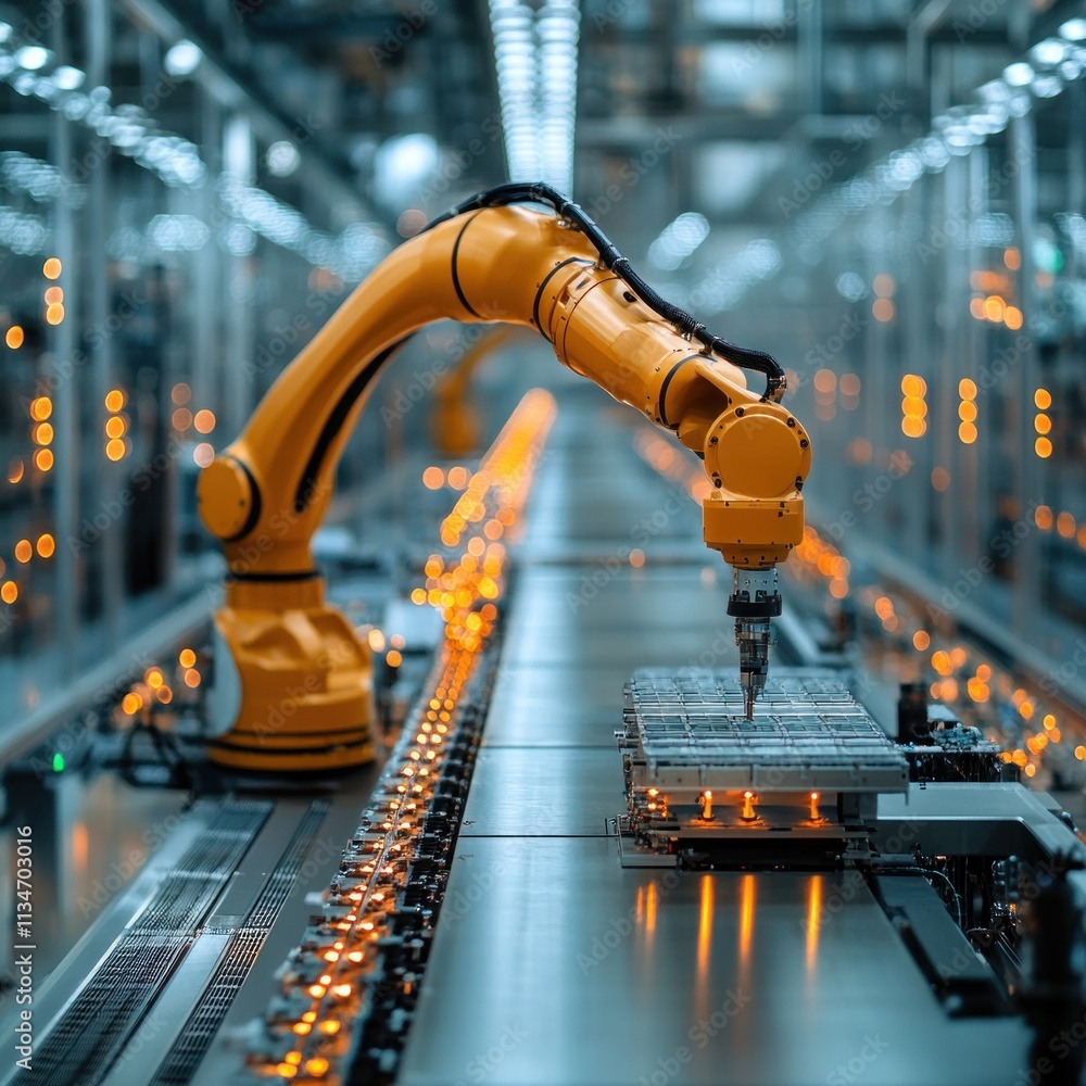 Poster industrial robot arm working on an assembly line in a modern factory.