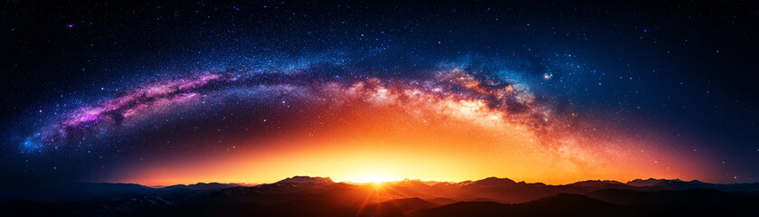 Fototapeta premium Stunning panoramic view of a galaxy over a vibrant sunset landscape.