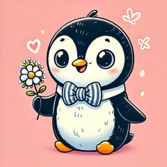 Obraz premium Cute penguin holding a flower with a bowtie.