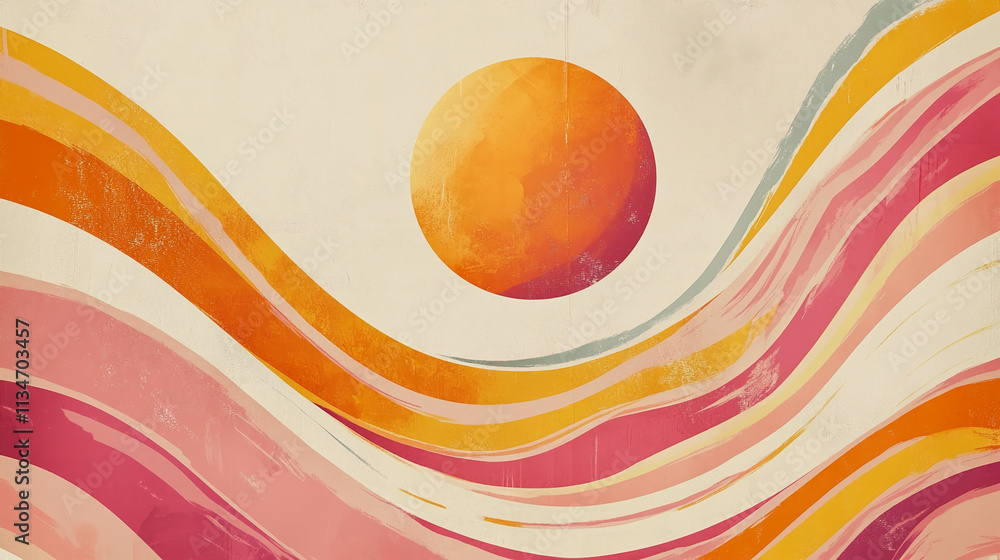 Poster vibrant abstract artwork depicting a sun with colorful waves in warm tones capturing a serene atmosp