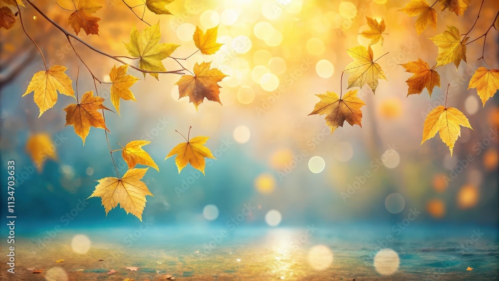 Poster golden autumn leaves falling on a hazy blue background with bokeh lights