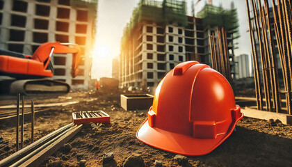 A orange safety helmet or hardhat for the construction worker which is placed on the ground of construction working site