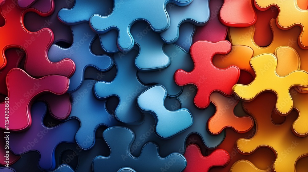 Poster bright and dynamic geometric illustration showcasing puzzle pieces in angular lines and vibrant colo
