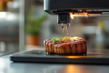 A 3D food printer meticulously crafts a plant-based steak, topped with herbs, in a contemporary kitchen setting under warm lighting. Generative AI