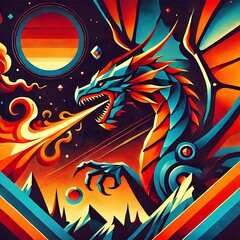 Fototapeta premium Colorful dragon breathing fire in a cosmic landscape.
