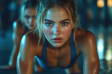 Dynamic female athletes training together practicing push-ups in modern gym