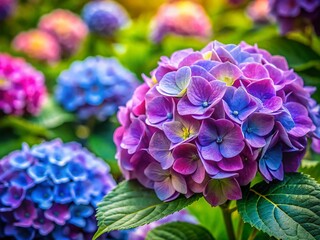 Beautiful Tilt-Shift Photography of a Hydrangea Sticker Pattern, Showcasing Delicate Flowers in Vibrant Colors and Unique Designs for Creative Projects