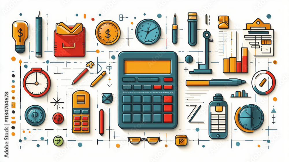 Aufkleber colorful geometric shapes of tax symbols are arranged in structured pattern on clean background. des