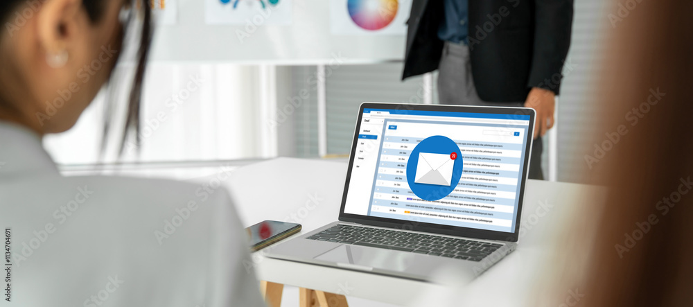 Poster email notification message showing on computer screen snugly. digital marketing message information 