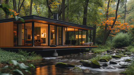 Obraz premium Modern tiny house by a stream in a foggy autumn forest.