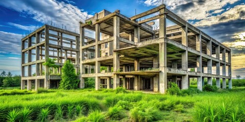 Overgrown weeds shroud a failed housing estate's abandoned concrete shells, a stark mortgage crisis symbol.
