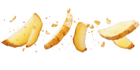 Sliced Ginger Pieces Falling Against Black Background, on transparent background , png