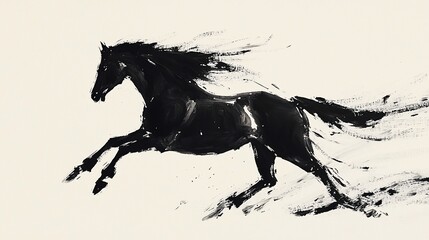 Black horse running, dynamic ink painting.