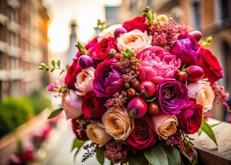 Obraz premium Beautiful Wedding Bouquet of Fresh Roses and Peonies in Pink and Burgundy Colors, Perfect for Urban Exploration Photography, Capturing Floral Elegance in an Urban Setting