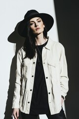 Fototapeta premium Stylish Woman Posing in Hat and Jacket