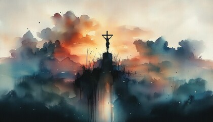 Crucifixion Watercolor Illustration of Passion on Good Friday New Testament Spirituality Faith Worship Prayer Silhouette in Pastel Sunset Clouds