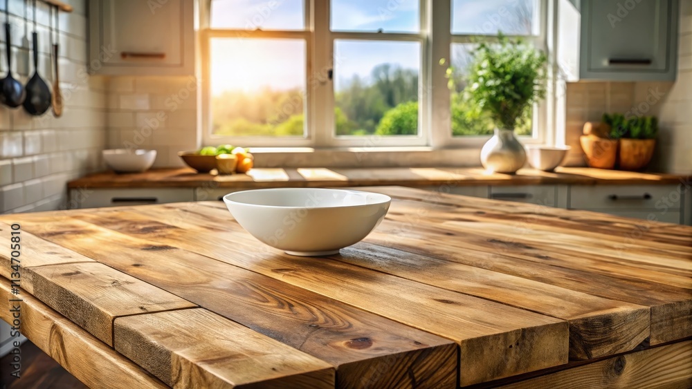 Poster rustic wooden kitchen table with a white bowl in the foreground, sunlight streaming through a window