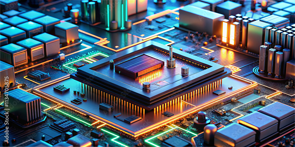 Poster this close-up showcases a detailed microprocessor surrounded by various components. the circuit boar